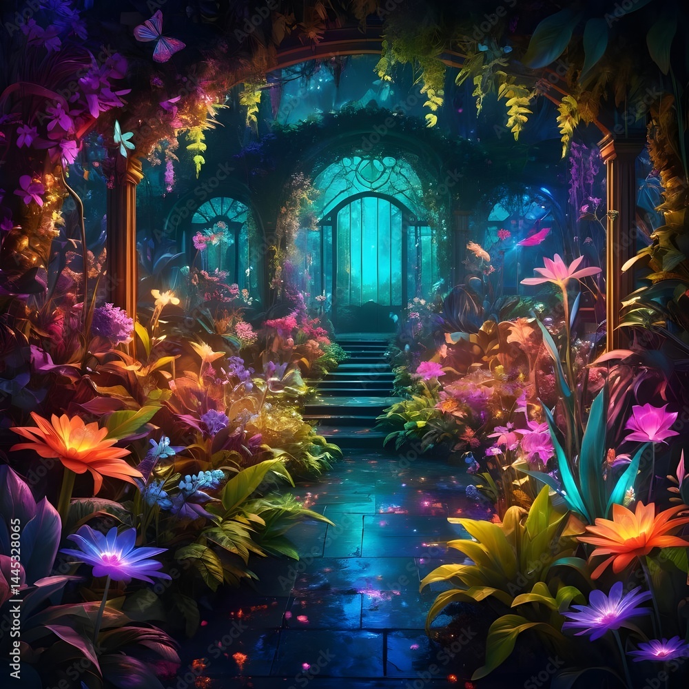 Fototapeta premium Enchanting Glowing Garden Path to Mysterious Gate