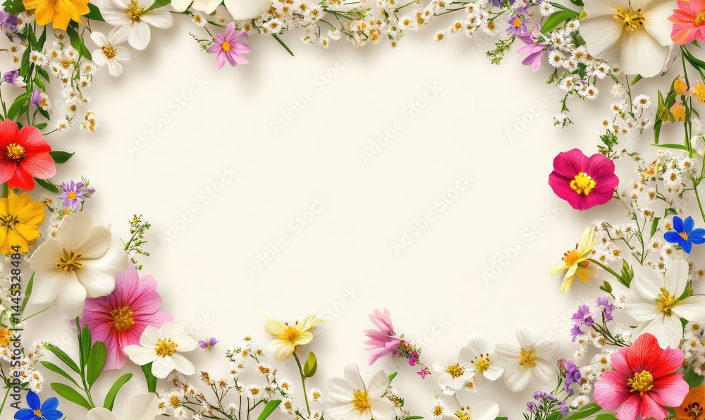 Charming Spring Flower Frame with Colorful Blooms. AI generated illustration. Charming Spring Flower Frame with Colorful Blooms. AI generated illustration.