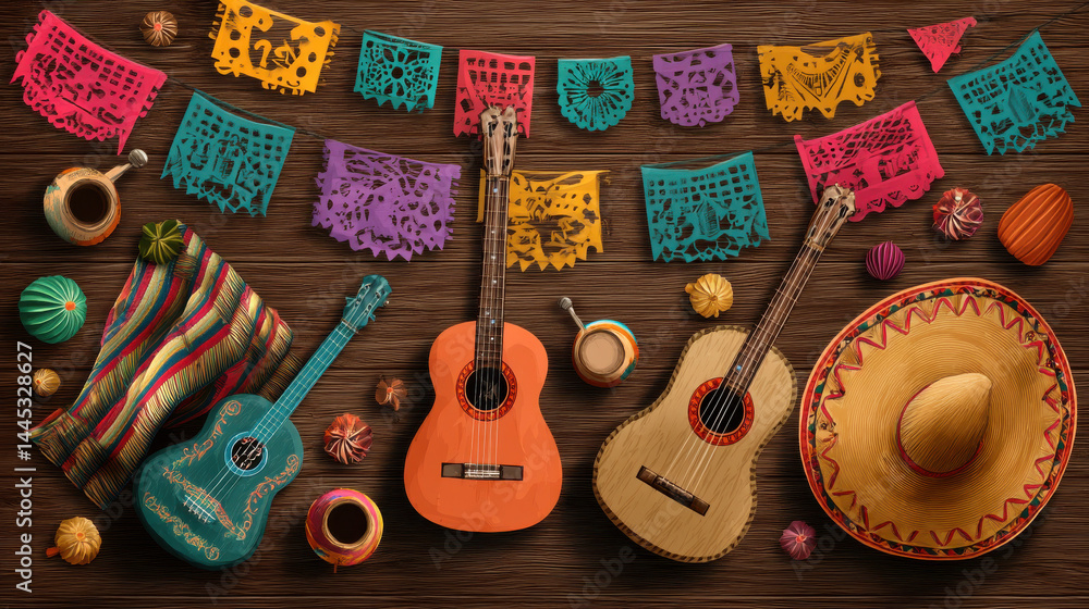 Fototapeta premium Rustic Mexican celebration poster with colorful decorations – Cinco de Mayo theme