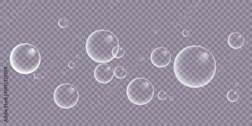 A set of colorful and colorful soap bubbles to create a design. Isolated, transparent, realistic soap bubbles on a transparent background.