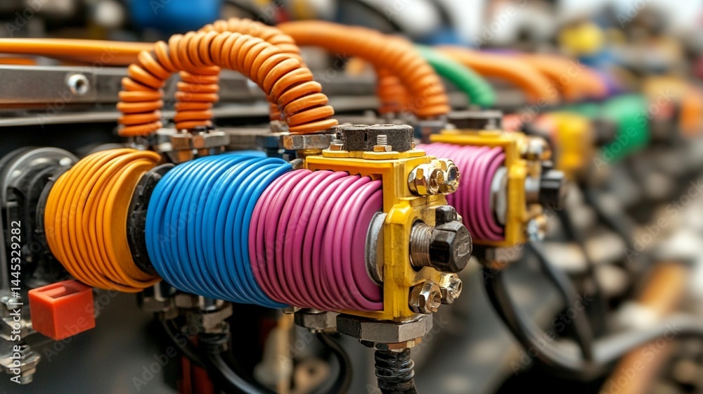 Obraz premium Close-up of colorful coiled wires and electrical components in industrial machinery.