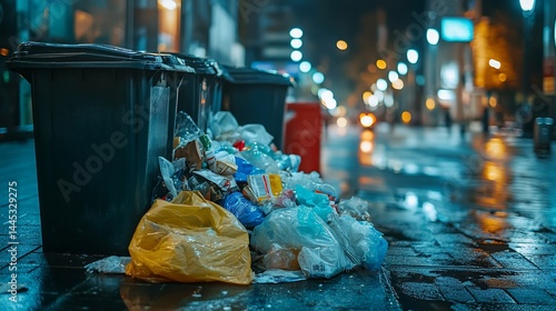 Overflowing trash bins and bags on city street at night