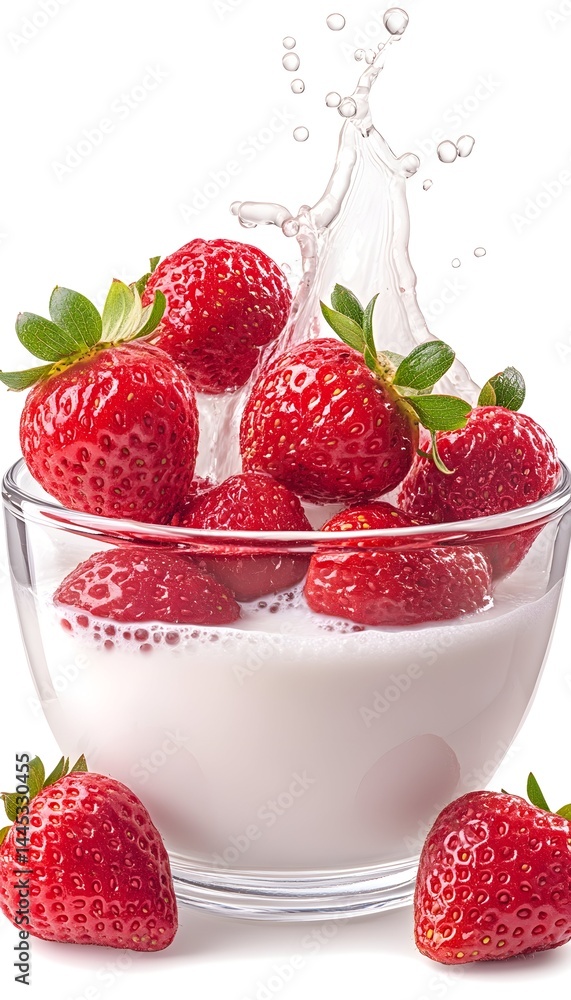 Fresh strawberries submerged in creamy milk, with a splash effect, presented in a clear glass bowl Fresh strawberries submerged in creamy milk, with a splash effect, presented in a clear glass bowl