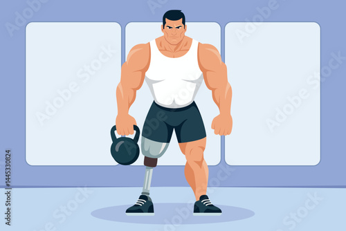 Muscle training with kettlebell and prosthetic limb in gym