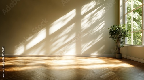 A bright corner of a room illuminated by sunlight, with alluring shadows from a potted plant creating a tranquil and inviting atmosphere perfect for meditation or reflection.