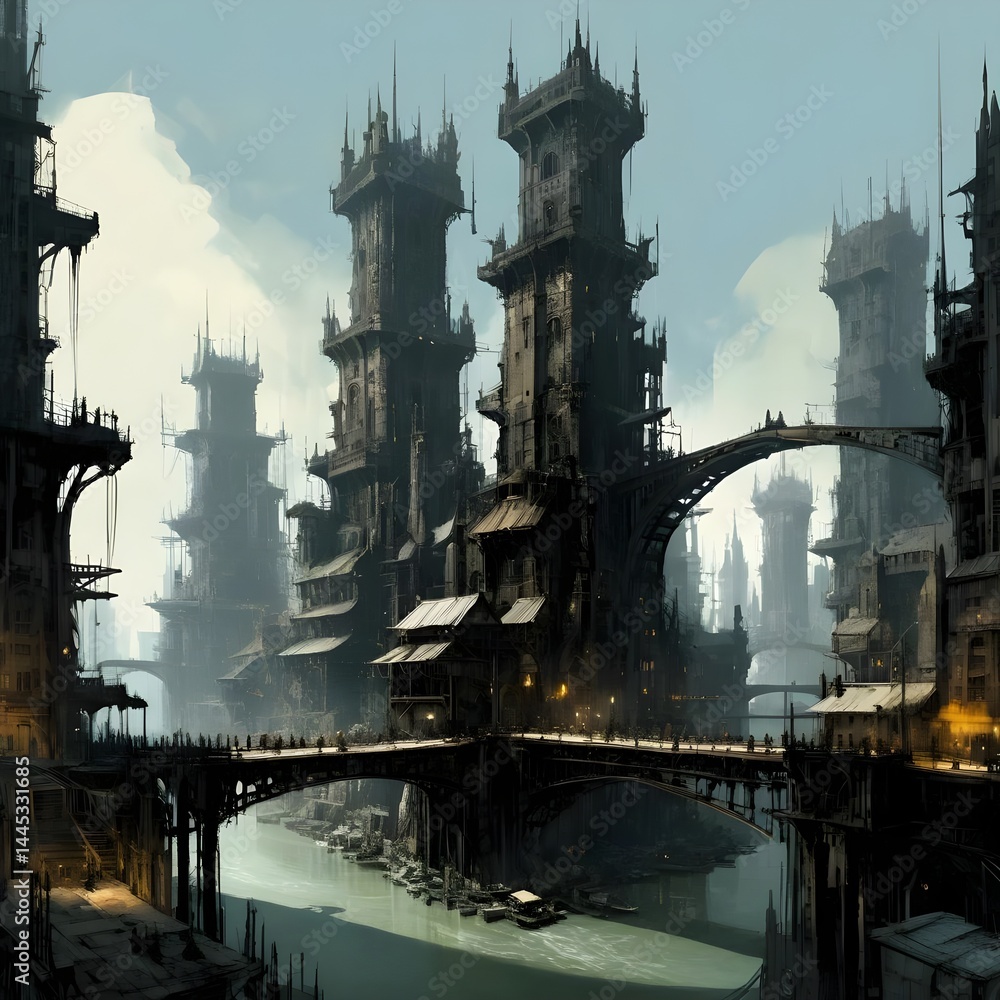 Naklejka premium Gothic Cyberpunk Cityscape