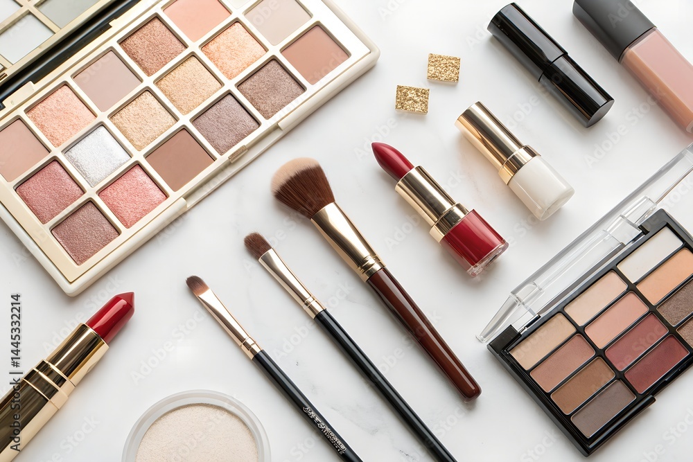 Flatlay of cosmetic items arranged symmetrically on white surface Flatlay of cosmetic items arranged symmetrically on white surface