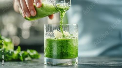 A fresh green beverage filled with ice is poured into a glass, emphasizing the fusion of health and refreshment that resonates with contemporary wellness trends.