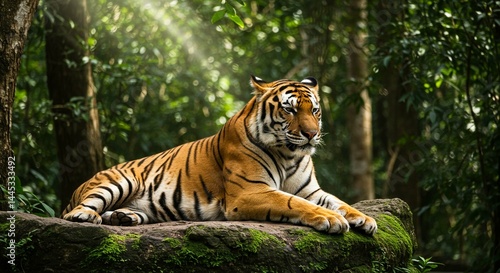 Majestic Bengal Tiger Resting on Mossy Rock in Lush Green Forest