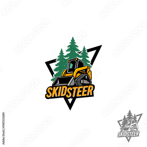The logo features a bold, stylized triangular background framing an illustration of a skid steer and pine trees, blending rugged machinery with natural elements for a strong identity.