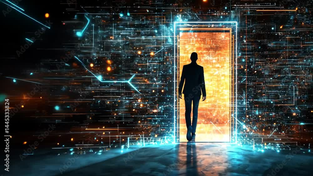 Silhouette encountering futuristic portal in digital realm with glowing patterns Silhouette encountering futuristic portal in digital realm with glowing patterns