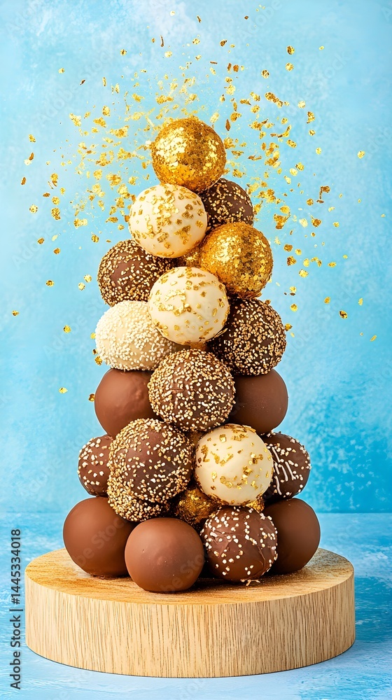 A decadent tower of Brazilian brigadeiros coated in shimmering gold dust, showcasing a luxurious and elegant presentation of this beloved chocolate dessert.