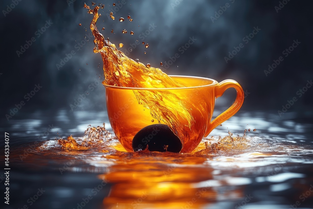 An orange cup with liquid splashing dramatically upwards
