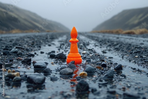 An orange chess piece stands alone on a wet gravel road