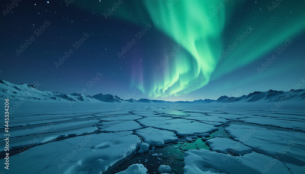 Naklejka premium Aurora Over Frozen Tundra with Ice and Stars – Arctic Winter Background in 8K