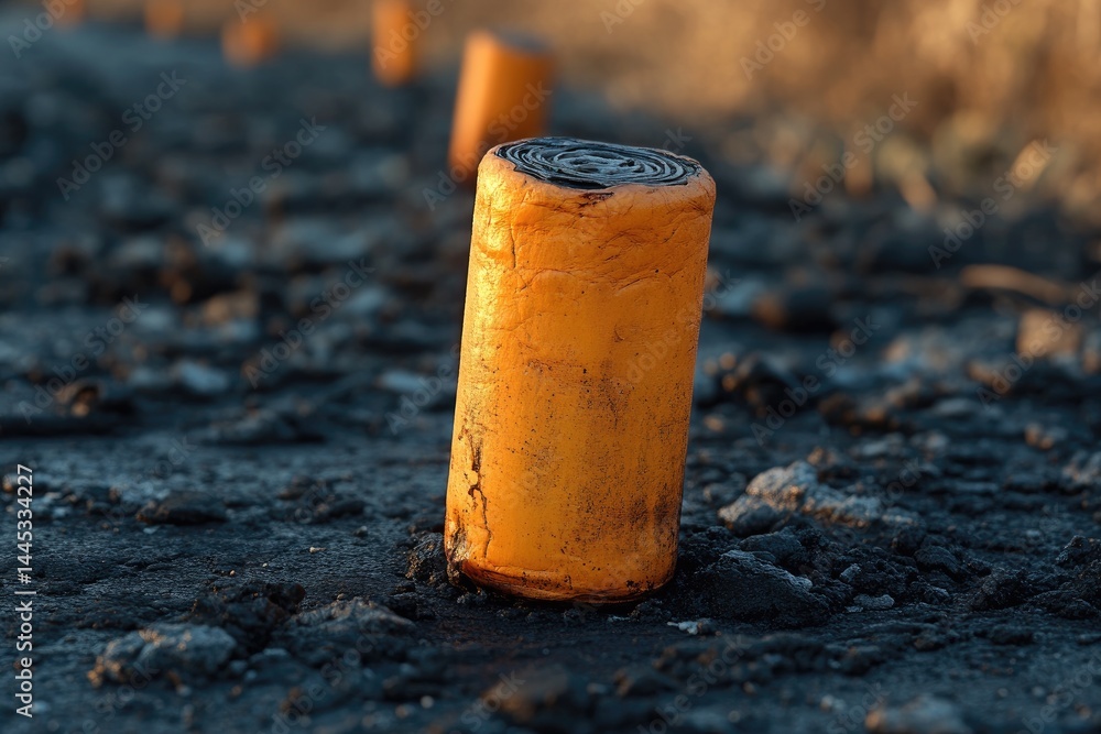 An orange cylinder resting on dark and ashy ground during daylight