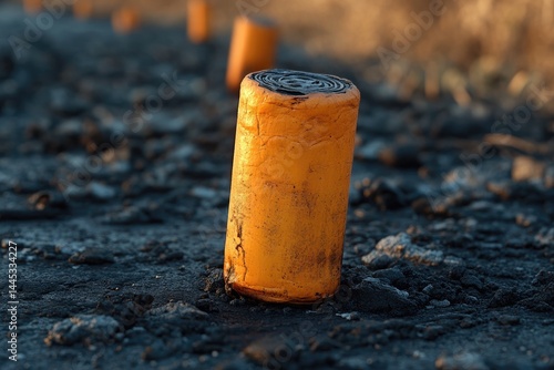 An orange cylinder resting on dark and ashy ground during daylight