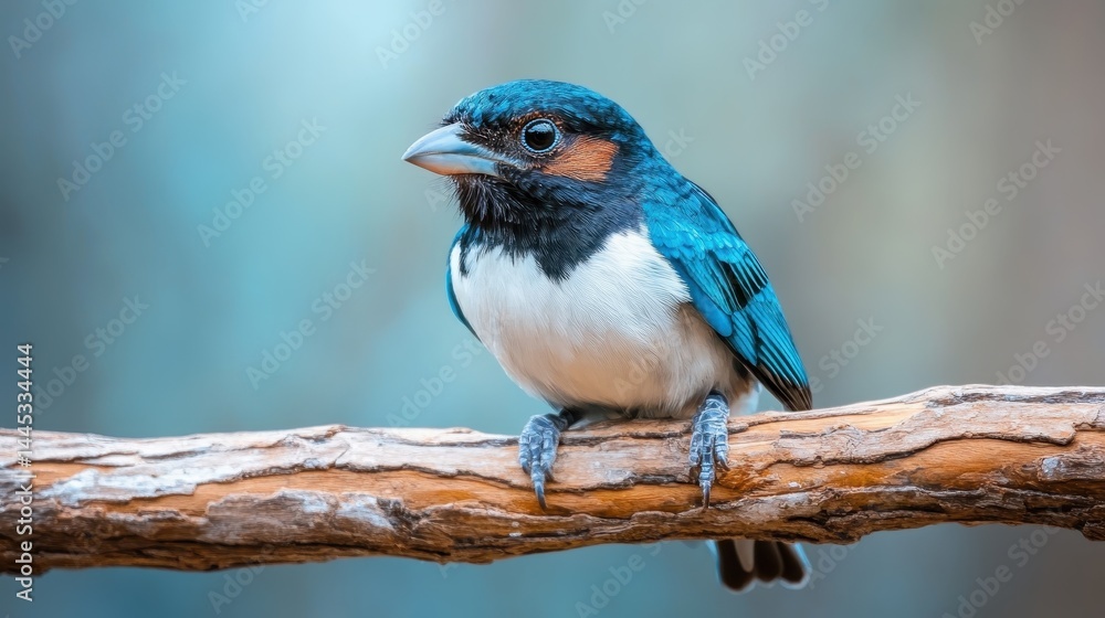 Fototapeta premium A vibrant blue bird perched on a wooden branch, beautifully showcasing its bright feathers against a soft background, symbolizing freedom and the beauty of nature in a serene moment.