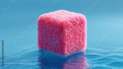 A minimalist pink logo presenting an open cube crafted from thick plush material, surrounded by waves, floating on water with a blue background in a high-resolution scene.