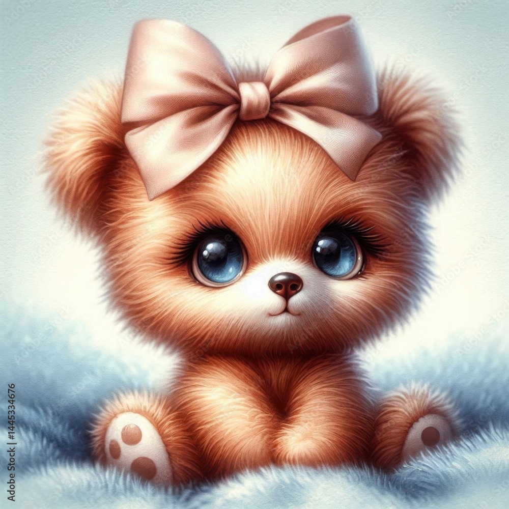 Cute little teddy bear with bow on blue blanket Cute little teddy bear with bow on blue blanket