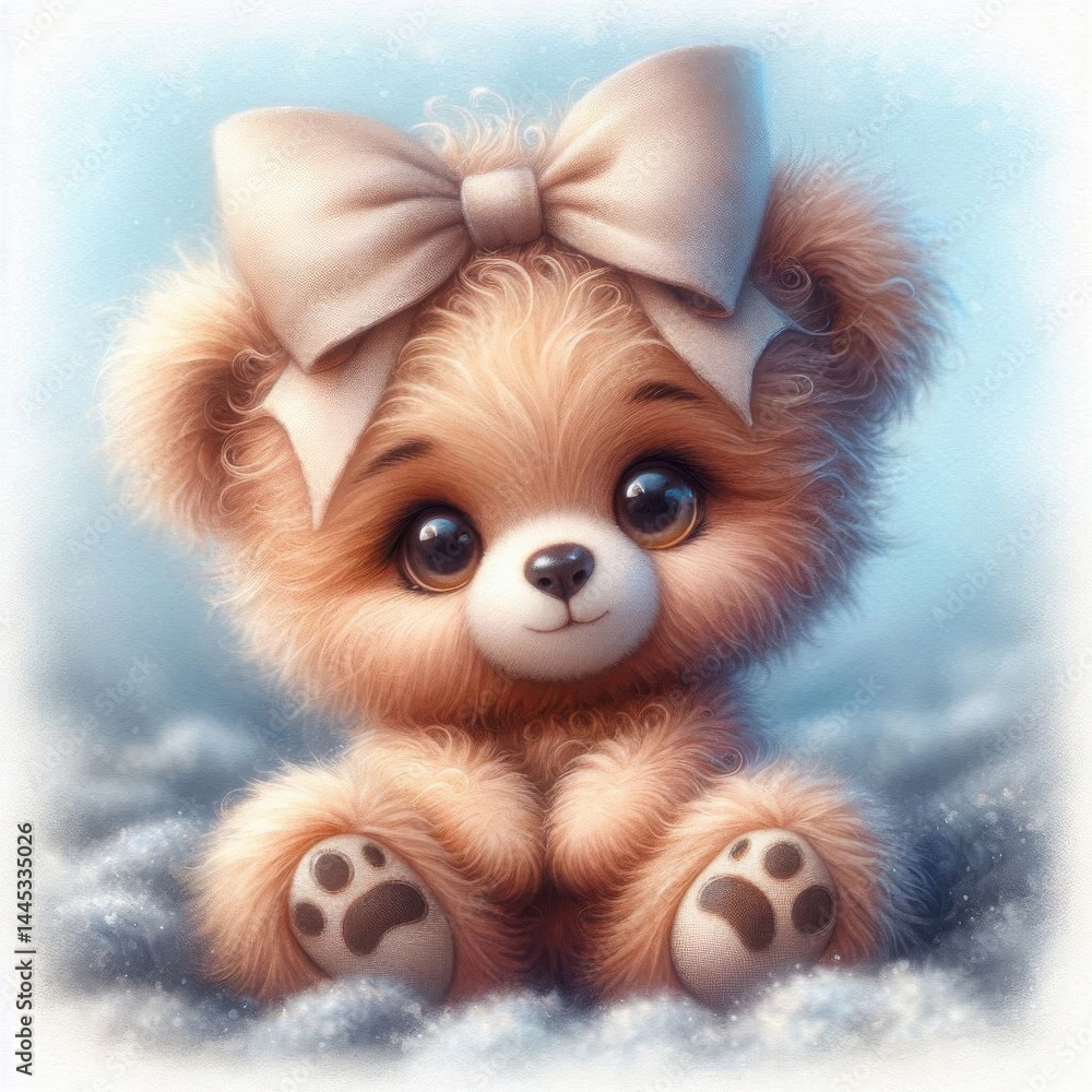Cute little teddy bear with bow on blue blanket Cute little teddy bear with bow on blue blanket