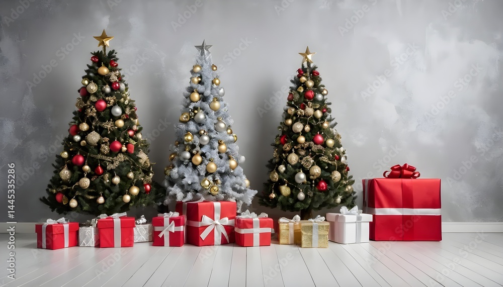 Three Decorated Christmas Trees with Presents Three Decorated Christmas Trees with Presents