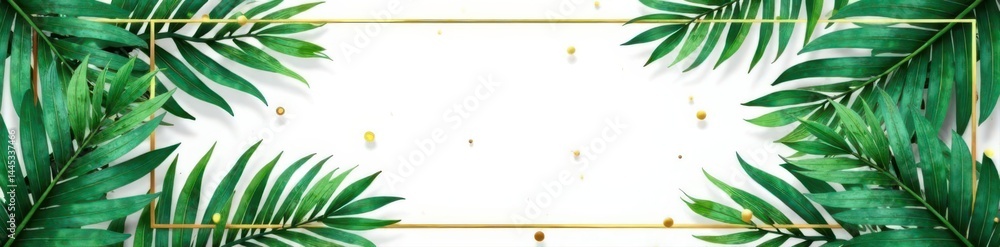 Abstract tropical palm leaf pattern, gold accents on white paper frame , art, golden, texture