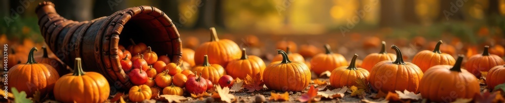 Abundant autumn pumpkins overflowing from cornucopia , orange, seasonal