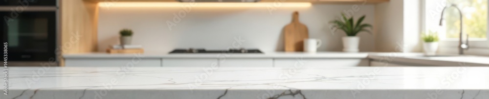 Clean empty marble table, modern kitchen backdrop, home, contemporary