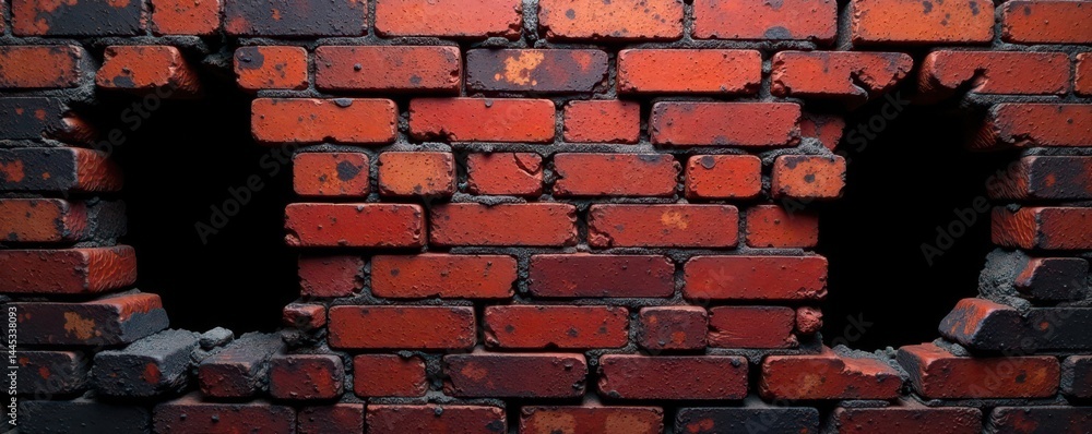 Charred brick wall, gaping holes, soot stains, ruin, aged