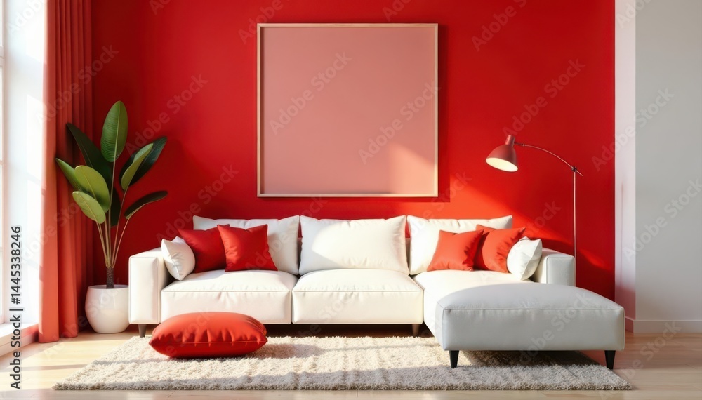 Chic red accent wall complements crisp white sofa , decor inspiration, comfortable, sofa design