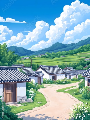 Wallpaper Mural Serene village nestled in verdant valley, traditional houses under sunny sky Torontodigital.ca