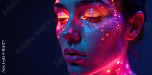 Obraz na płótnie Close-up face, vibrant neon sparkle makeup, glowing skin, sensual, cosmetics, luxurious w salonie