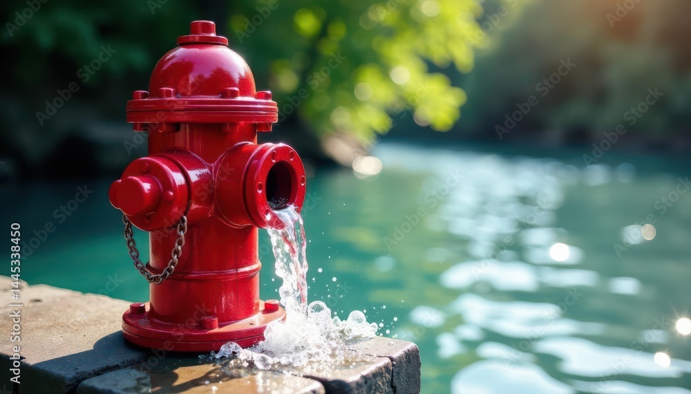 Close-up; vibrant red hydrant, powerful water jet , vivid, service