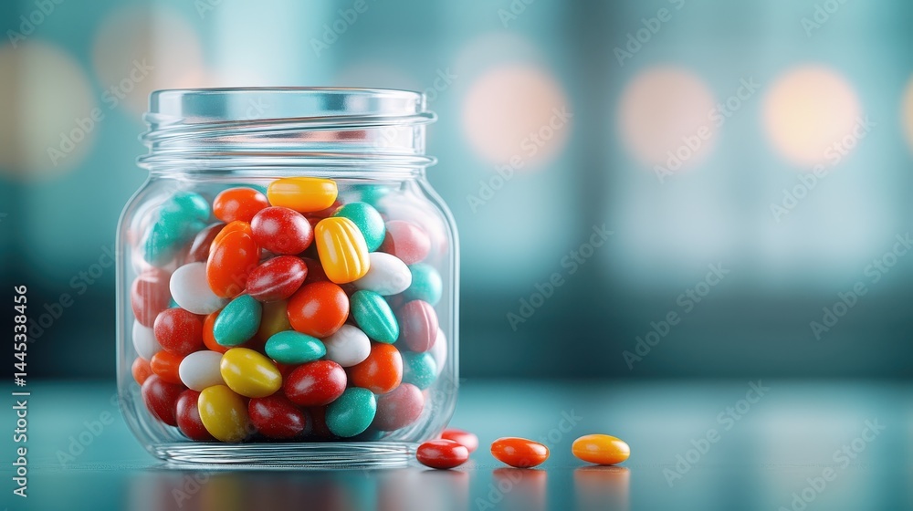 A clear jar filled with an assortment of vibrant candies, creating a delightful visual treat that evokes feelings of nostalgia, sweetness, and joy. A clear jar filled with an assortment of vibrant candies, creating a delightful visual treat that evokes feelings of nostalgia, sweetness, and joy.
