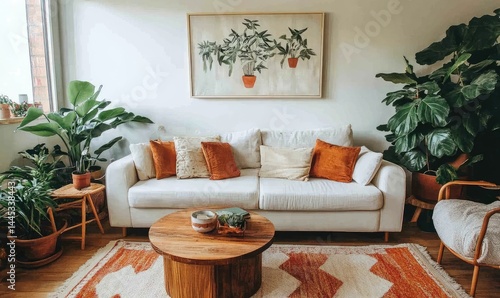 Stylish living room with white sofas and abstract art. AI generated illustration.