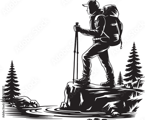 Hiker Standing On Rocky Outcrop With Trekking Poles And Backpack