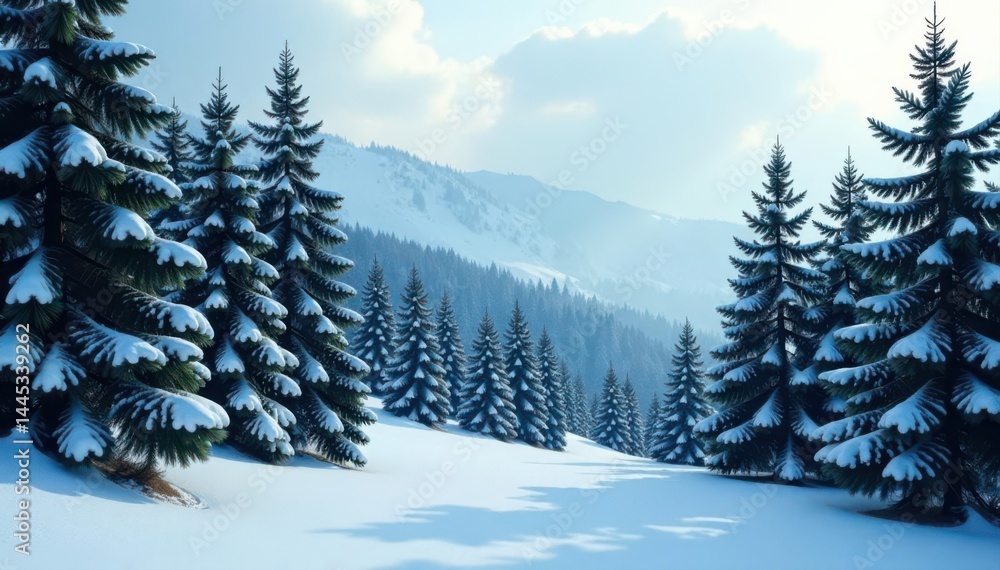 Dense evergreen forest, spruce and fir trees, winter scene , panorama, xmas