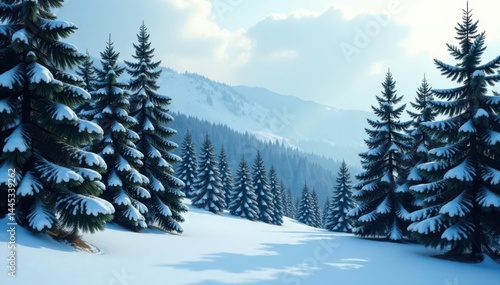 Obraz na płótnie Dense evergreen forest, spruce and fir trees, winter scene , panorama, xmas w salonie