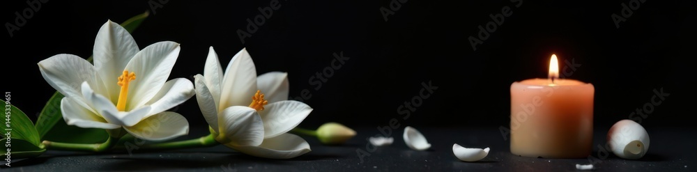 Elegant white flowers & burning candle on black backdrop Ample copy space , memorial, loss, remembrance