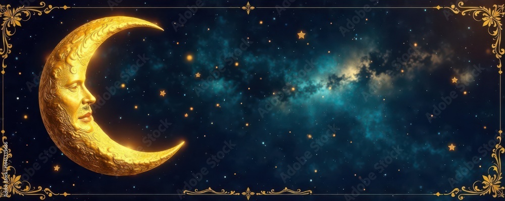 Elegant gold moon, stars, celestial vector design Vintage style, ornate details , astrology, zodiac