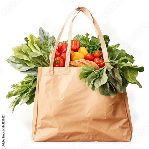 Fresh produce fills a reusable tote bag, showcasing vibrant colors and healthy ingredients. Perfect for farmers market finds or grocery shopping.