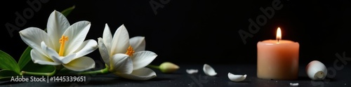 Obraz na płótnie Elegant white flowers & burning candle on black backdrop Ample copy space , memorial, loss, remembrance w salonie