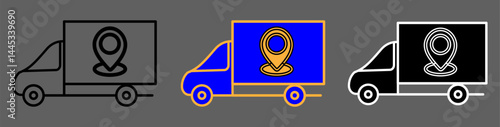Shipping cargo van icon with location tag for transport logistics and fleet management – transparent background