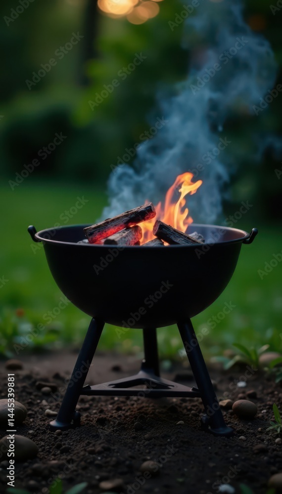 Empty charcoal grill, glowing embers fading in garden setting, outdoor cooking, smoke, cooking