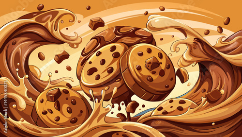 Crunchy cookies tumble into a wave of glossy chocolate.
Each chip gleams amid the swirling, creamy splash.
The motion adds energy to this tasty scene.
Ideal for dynamic, mouthwatering vector design.

