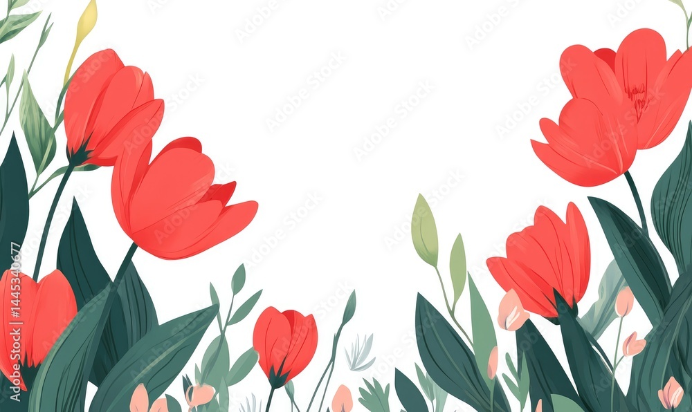 Naklejka premium Vibrant tulips and foliage in contemporary design. AI generated illustration.