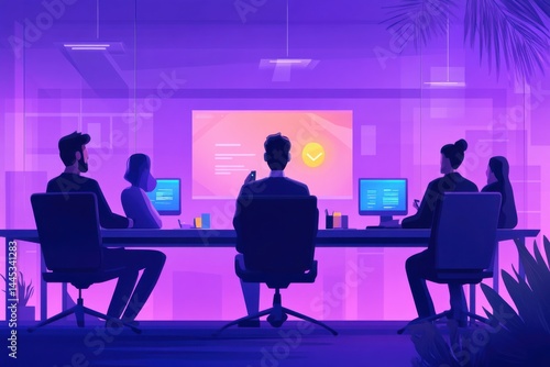 Team reviewing project progress vibrant office setting with purple hues modern tech displayed