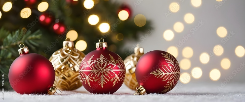 Red and Gold Christmas Ornaments on Snowy Surface with Bokeh Lights Red and Gold Christmas Ornaments on Snowy Surface with Bokeh Lights