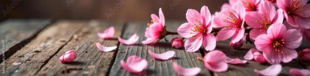Rustic cherry blossom wood table, pink petals scattered , surface, cherry blossom